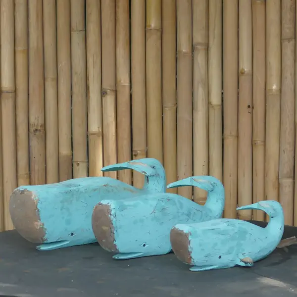 Product image 1 of the product “Whale, wood in turquise. Set of 3; Size L: 48x20x22cm H, Size M:38x18x18cm H, Size S: 30x12x13cm H. ”